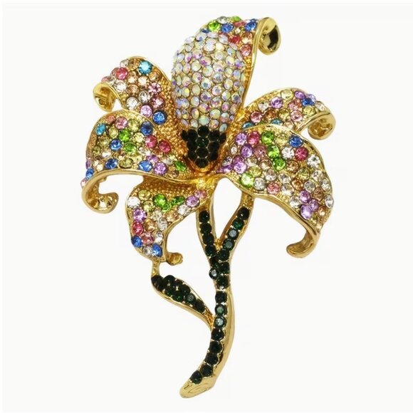 Betsey Johnson Iridescent Crystal Lily Flower Brooch Gold Tone - Picture 1 of 2